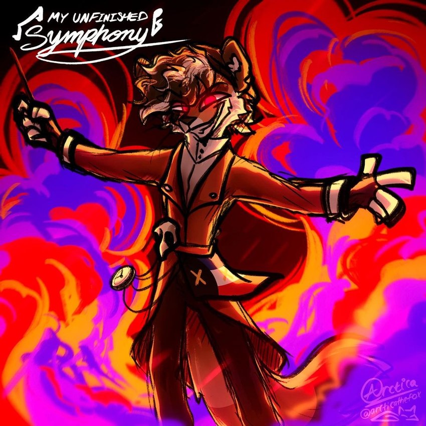 alternate_species anthro anthrofied black_body black_ears black_fur bottomwear brown_body brown_bottomwear brown_clothing brown_fur brown_hair brown_jacket brown_pants brown_topwear clothed clothing explosion fangs fingerless_gloves flag fully_clothed fur furrification gloves glowing glowing_eyes hair handwear highlights_(coloring) jacket male outstretched_arm pants red_eyes smile solo teeth text topwear white_clothing white_hair white_highlights white_topwear arctica_the_fox capteye dream_smp wilbur_soot gulonine mammal marten mustelid musteline pine_marten 1:1 2022 handwritten_text watermark