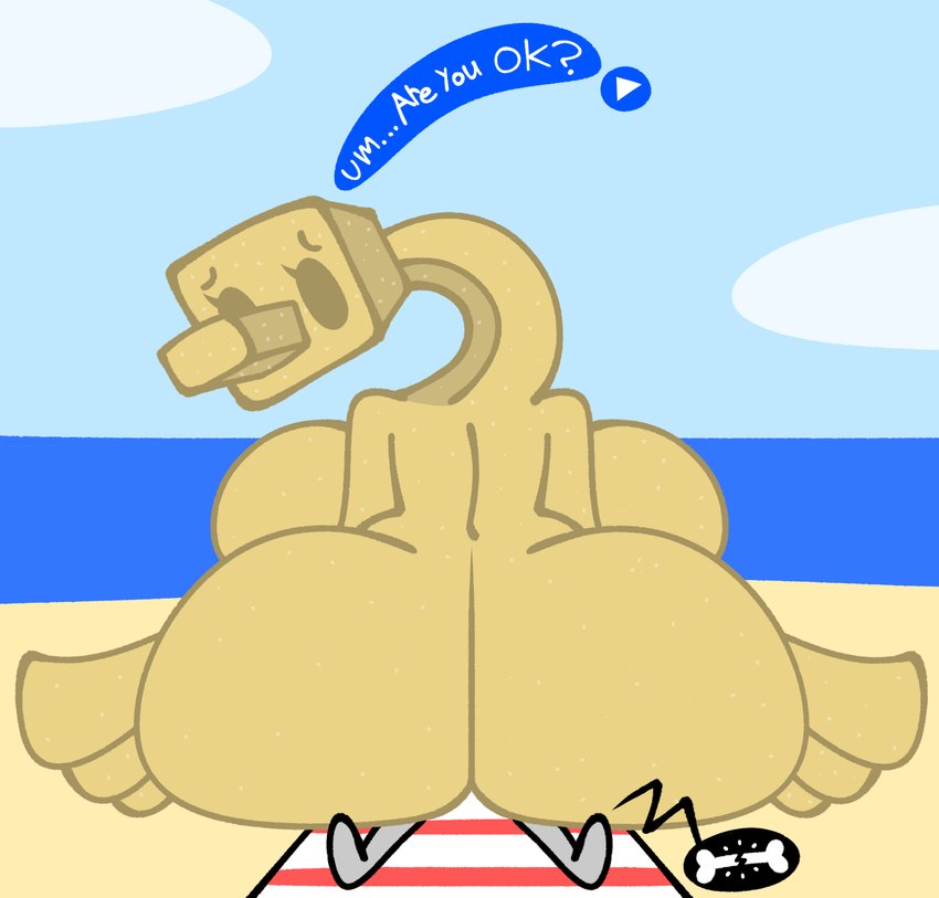 anthro beach beach_towel big_butt bone_breaking butt butt_crush crush dialogue faceless_character faceless_male female huge_butt macro male sand sea solo speech_bubble towel water worried skeletonhearts mario_bros nintendo super_mario_sunshine sand_bird_(mario) sandy_(skeletonhearts) avian bird hi_res