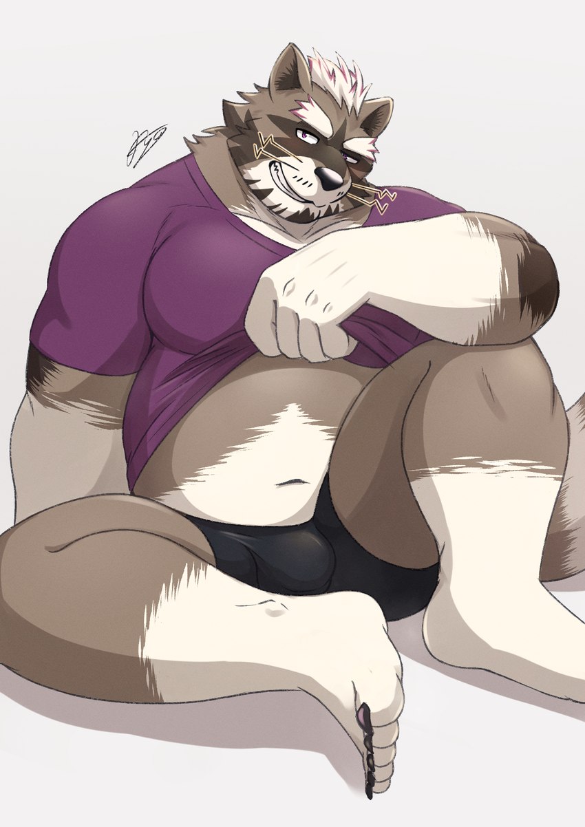 anthro belly bulge clothed clothing clothing_lift kemono male navel overweight overweight_male shirt shirt_lift simple_background sitting solo topwear underwear ry_o lifewonders live_a_hero viscunam mammal procyonid raccoon 2024 hi_res