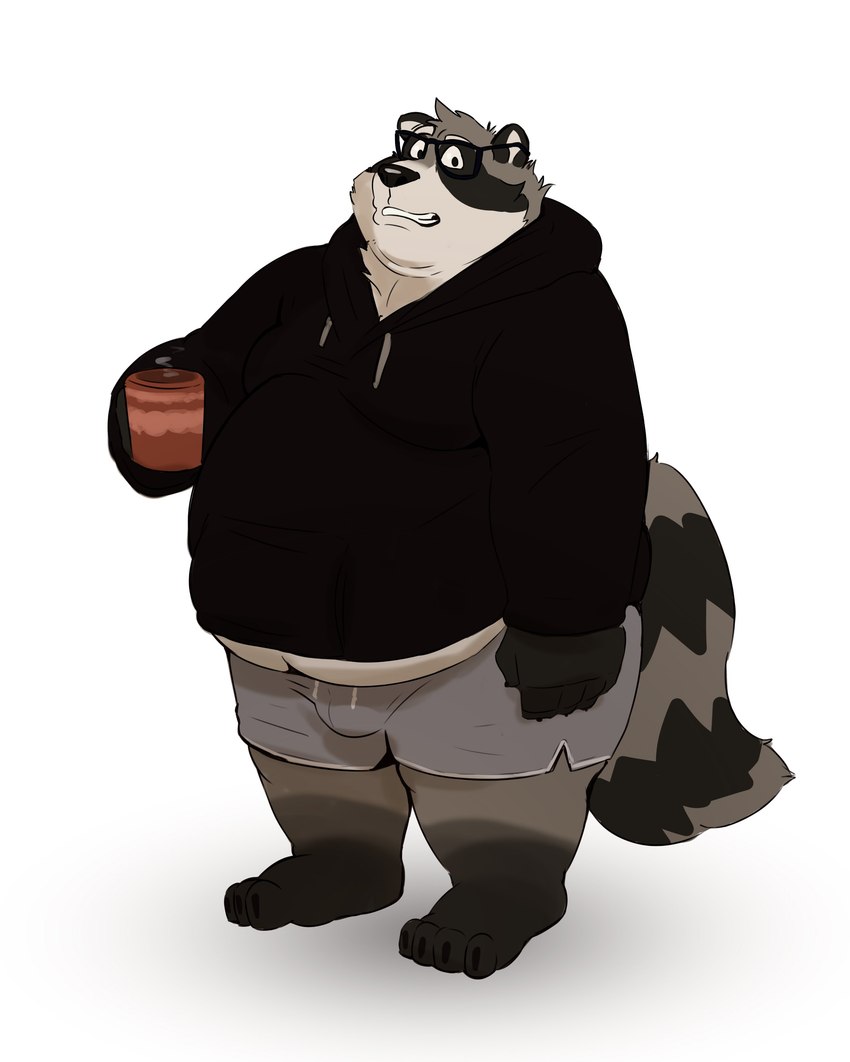 anthro belly black_nose bulge clothing container cup eyewear glasses grey_body hoodie male mug overweight overweight_male simple_background solo topwear underwear white_background tcw mammal procyonid raccoon 2022 absurd_res hi_res