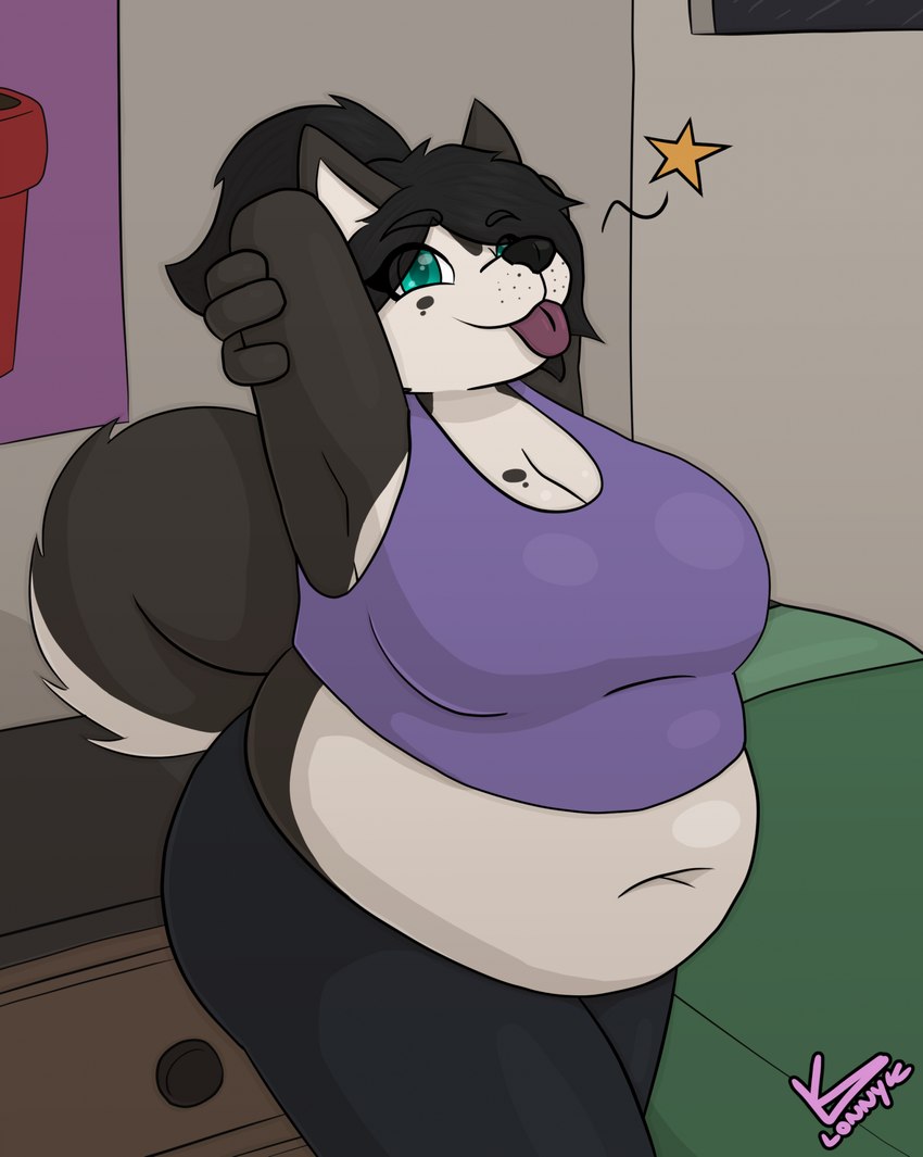 anthro bed bedroom belly belly_overhang big_belly big_breasts black_clothing black_hair black_leggings black_legwear black_nose blep breasts brown_body brown_fur cleavage clothed clothing countershade_face countershade_fur countershade_tail countershade_torso countershading deep_navel exposed_belly eye_through_hair eyebrow_through_hair eyebrows eyelashes female fur furniture green_eyes hair happy inside leggings legwear mouth_closed multicolored_body multicolored_fur navel overweight overweight_female ponytail poster pupils purple_clothing purple_shirt purple_tank_top purple_topwear raised_arm shirt solo tail tank_top thick_thighs three-quarter_view tongue tongue_out topwear translucent translucent_hair two_tone_body two_tone_fur walking white_body white_countershading white_fur lonnyk kayla_(lonnyk) bird_dog canid canine canis domestic_dog hunting_dog labrador mammal retriever 2024 cel_shading digital_media_(artwork) hi_res portrait shaded signature three-quarter_portrait