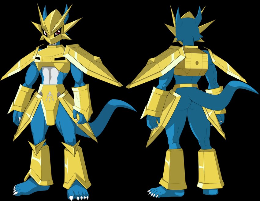 5_toes armor barefoot blue_body blue_skin butt claws feet humanoid_feet male muscular plantigrade simple_background solo toes transparent_background sparksstars bandai_namco digimon digimon_(species) magnamon scalie absurd_res alpha_channel hi_res model_sheet