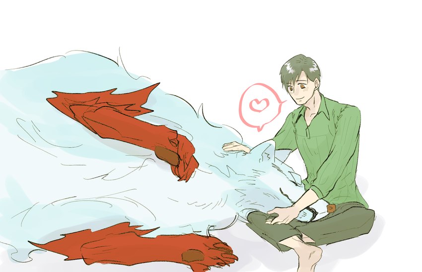 clothed clothing duo feral fingers head_on_lap headpat heart_symbol male male/male on_lap paws petting resting_head simple_background size_difference smile mk_sdc_fm campfire_cooking_in_another_world_with_my_absurd_skill fel_(fenrir) mukoda_tsuyoshi canid canine canis human mammal wolf 2023 digital_media_(artwork)