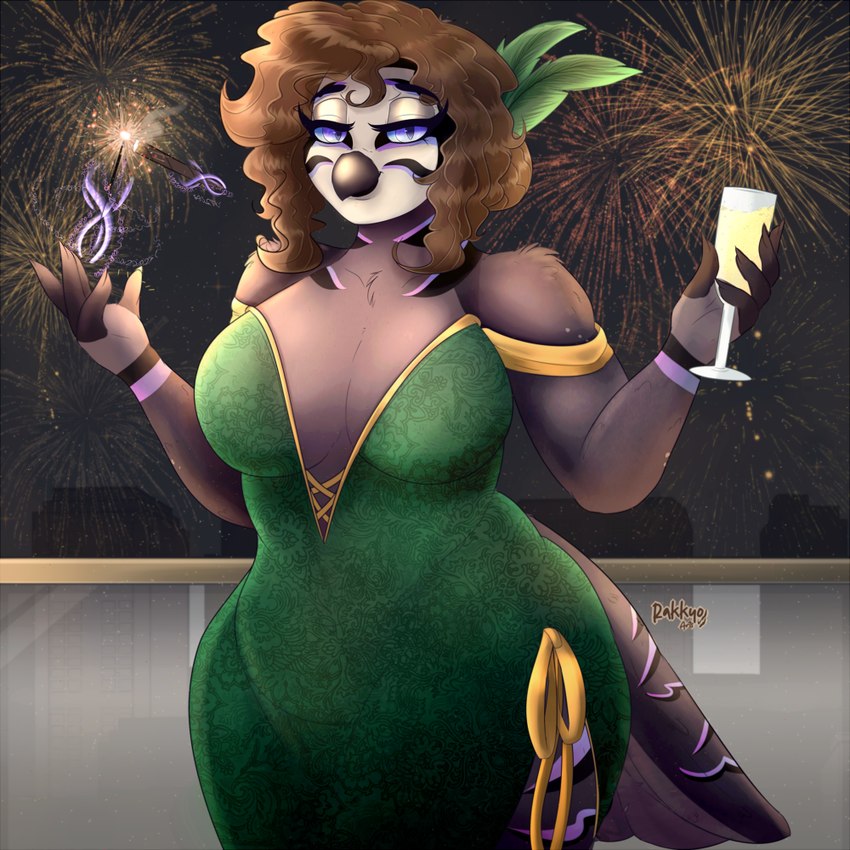 5_fingers accessory anthro arm_tuft balcony beak bedroom_eyes beverage black_beak black_claws black_eyebrows black_sky breasts brown_hair building chest_tuft city cityscape clawed_fingers claws cleavage clothed clothing container cup dress drinking_glass eyebrows eyelashes feather_in_hair feathers female fingers fireworks front_view glass glass_container glass_cup green_clothing green_dress grey_body grey_breasts grey_feathers hair hair_accessory holding_beverage holding_object holding_wine_glass holidays looking_at_viewer magic magic_user medium_hair multicolored_body multicolored_feathers narrowed_eyes night outside purple_eyes railing seductive shoulder_tuft sky skyscraper smile smiling_at_viewer solo tail tail_feathers thick_thighs tuft wavy_hair wide_hips wine_glass rakkyoarts new_year benni_(ghijo9) avian bird owl 1:1 2024 artist_name colored digital_drawing_(artwork) digital_media_(artwork) shaded