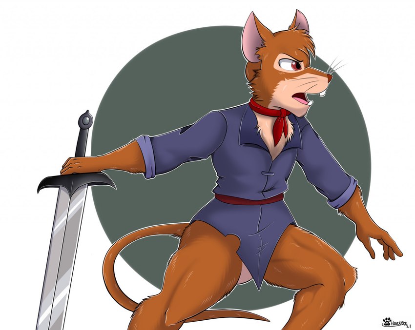 anthro ascot belt bottomless bottomless_anthro bottomless_male buckteeth clothed clothing convenient_censorship front_view fur holding_melee_weapon holding_object holding_sword holding_weapon looking_away male melee_weapon open_mouth shirt solo spread_arms spread_legs spreading sword teeth tongue topwear weapon whiskers marcushunter redwall martin_the_warrior mammal mouse murid murine rodent 2021