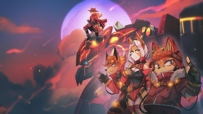 anthro biped cape clothed clothing female group hair hat headgear headwear machine male red_clothing red_hat red_headwear tail ariaasimov cyberconnect2 fuga:_melodies_of_steel little_tail_bronx ash_marzipan psyche_(fuga) pyrok_(fuga) tiere_(fuga) canid canine caninu canis collie dobermann domestic_dog german_shepherd herding_dog mammal pastoral_dog pinscher robot sheepdog 2025 digital_media_(artwork) hi_res