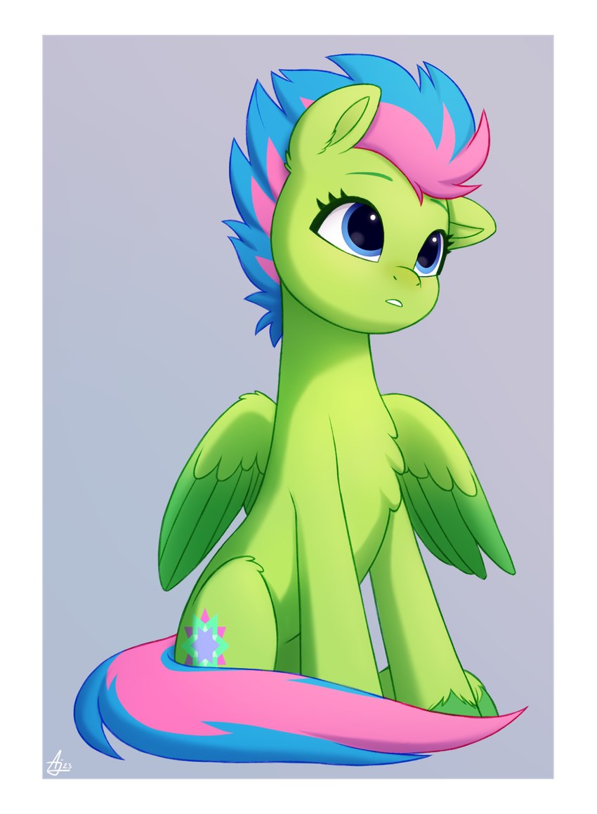 blue_eyes blue_hair blue_mane blue_tail border chest_tuft cutie_mark feathered_wings feathers female feral fur green_body green_feathers green_fur hair hooves mane multicolored_hair multicolored_mane pink_hair pink_mane pink_tail sitting solo tail tuft two_tone_hair two_tone_mane two_tone_tail white_border wings luminousdazzle hasbro mlp_g5 my_little_pony my_little_pony:_tell_your_tale mythology luminous_dazzle_(mlp) equid equine mammal mythological_creature mythological_equine pegasus 2023 digital_media_(artwork) hi_res signature