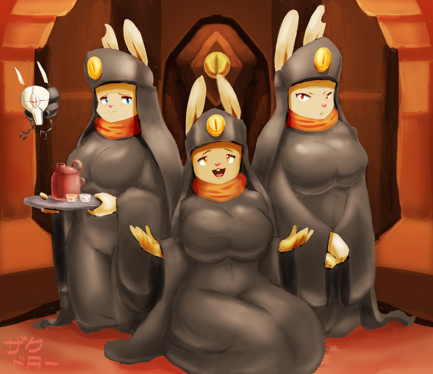 anthro beverage clothing female group headgear headwear nun nun_outfit plate religious_clothing religious_headwear robe tray trio kaizooki nuns_of_madre_sol_(kaizooki) lagomorph leporid mammal rabbit hi_res