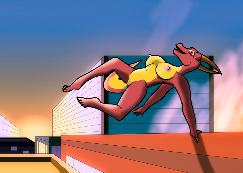 anthro belly biped breasts city claws detailed_background feet female genitals grabbing horn jumping looking_at_viewer nipples non-mammal_breasts nude open_mouth outside parkour pussy rooftop sky smile solo spread_legs spreading sun sunset tail urban vaulting dododragon56 mythology dragon mythological_creature mythological_scalie reptile scalie wingless_dragon absurd_res digital_media_(artwork) hi_res shaded