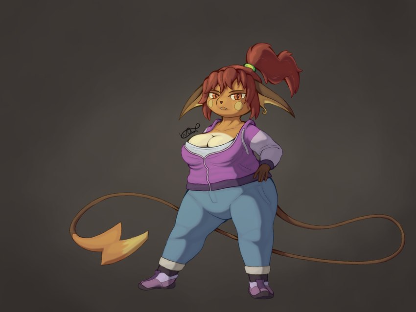 anthro blue_bottomwear blue_clothing blue_jeans blue_pants bottomwear brown_ears clothing countershading cuffed_jeans denim denim_bottomwear denim_clothing fangs female fur hair hoodie jeans long_tail orange_body orange_eyes orange_fur pants pokemorph ponytail purple_clothing purple_hoodie purple_sneakers purple_topwear red_hair short_stack simple_background small_fangs solo tail teeth topwear white_body white_countershading yellow_inner_ear warewolf_(artist) nintendo pokemon generation_1_pokemon pokemon_(species) raichu 4:3 absurd_res hi_res signature