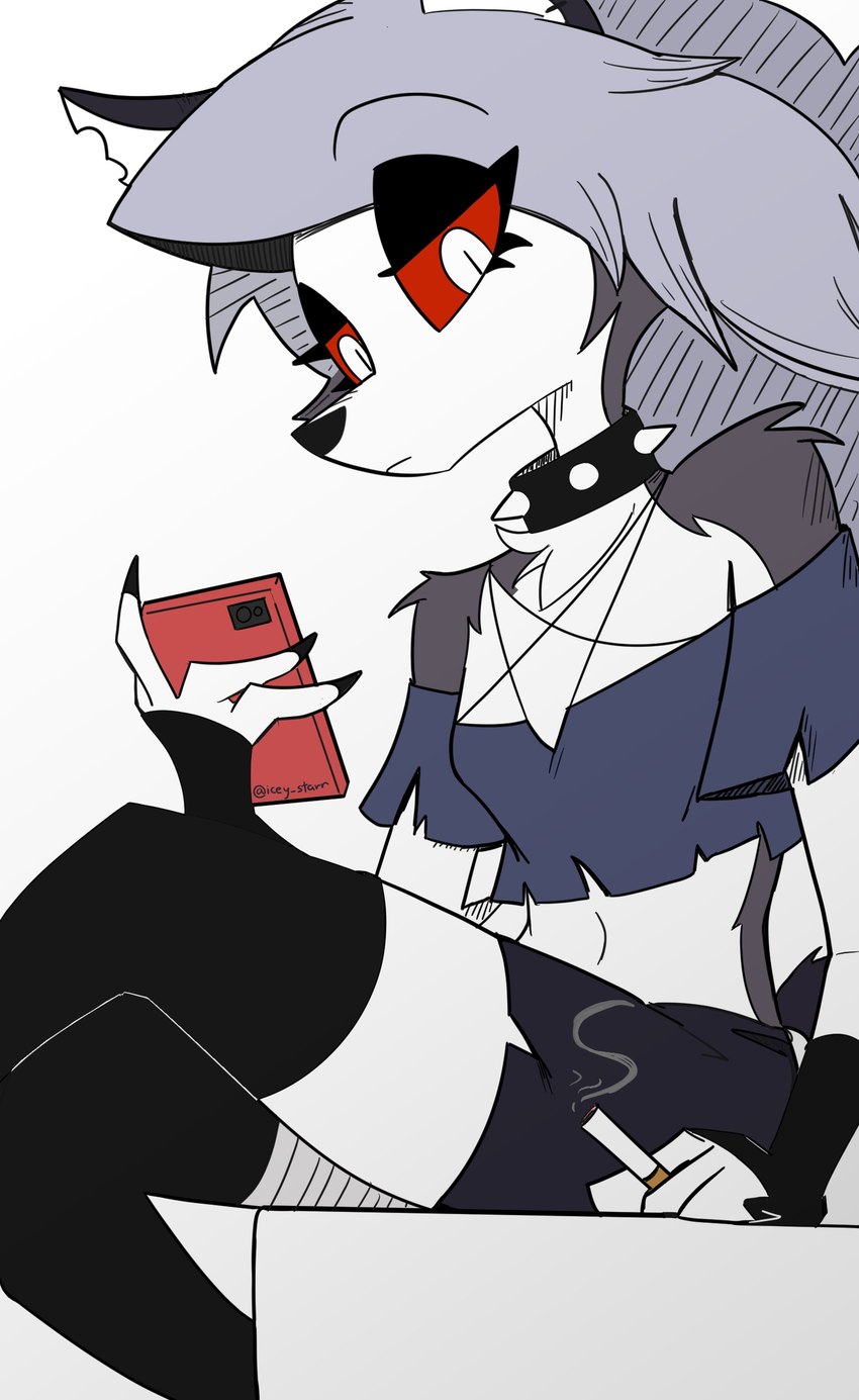 anthro cellphone cigarette collar electronics female looking_at_viewer phone red_eyes smoking solo icey_(artist) helluva_boss mythology loona_(helluva_boss) canid canid_demon canine demon hellhound mammal mythological_canine mythological_creature absurd_res hi_res