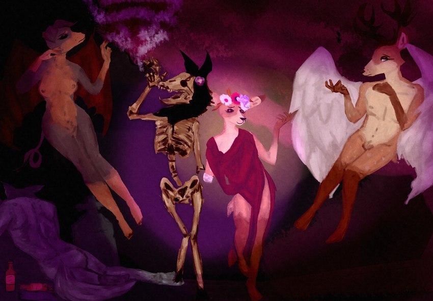 alcohol ambiguous_gender anthro beverage bone breasts cemetery cigarette clothed clothing dress drunk ethereal eyeliner eyes_closed eyeshadow feathered_wings feathers female floating flower flower_crown fur garden group holding_object long_tail looking_away makeup male mascara membrane_(anatomy) membranous_wings nails nude petals plant red_clothing red_dress sad simple_background skeleton skull smoke smoking substance_intoxication tail tombstone walking wine wings smokerfennek mythology canid canid_demon canine canis deer demon dobermann domestic_dog hellhound mammal mythological_canine mythological_creature pinscher procyonid raccoon scalie wolf 2023 absurd_res colored detailed digital_drawing_(artwork) digital_media_(artwork) digital_painting_(artwork) full-length_portrait hi_res painting_(artwork) portrait shaded widescreen