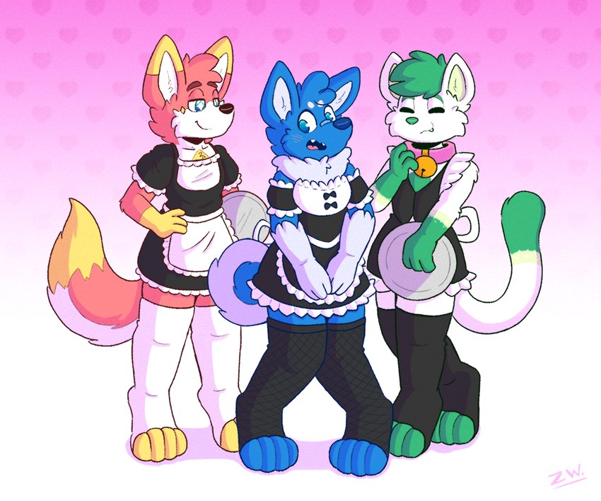 anthro blush cafe clothed clothing crossdressing femboy group maid_cafe maid_uniform male male/male shy smile trio uniform wolfyzeeb alexboom reddy_cat zeeb_wolfy canid canine canis domestic_cat felid feline felis fox mammal wolf 6:5