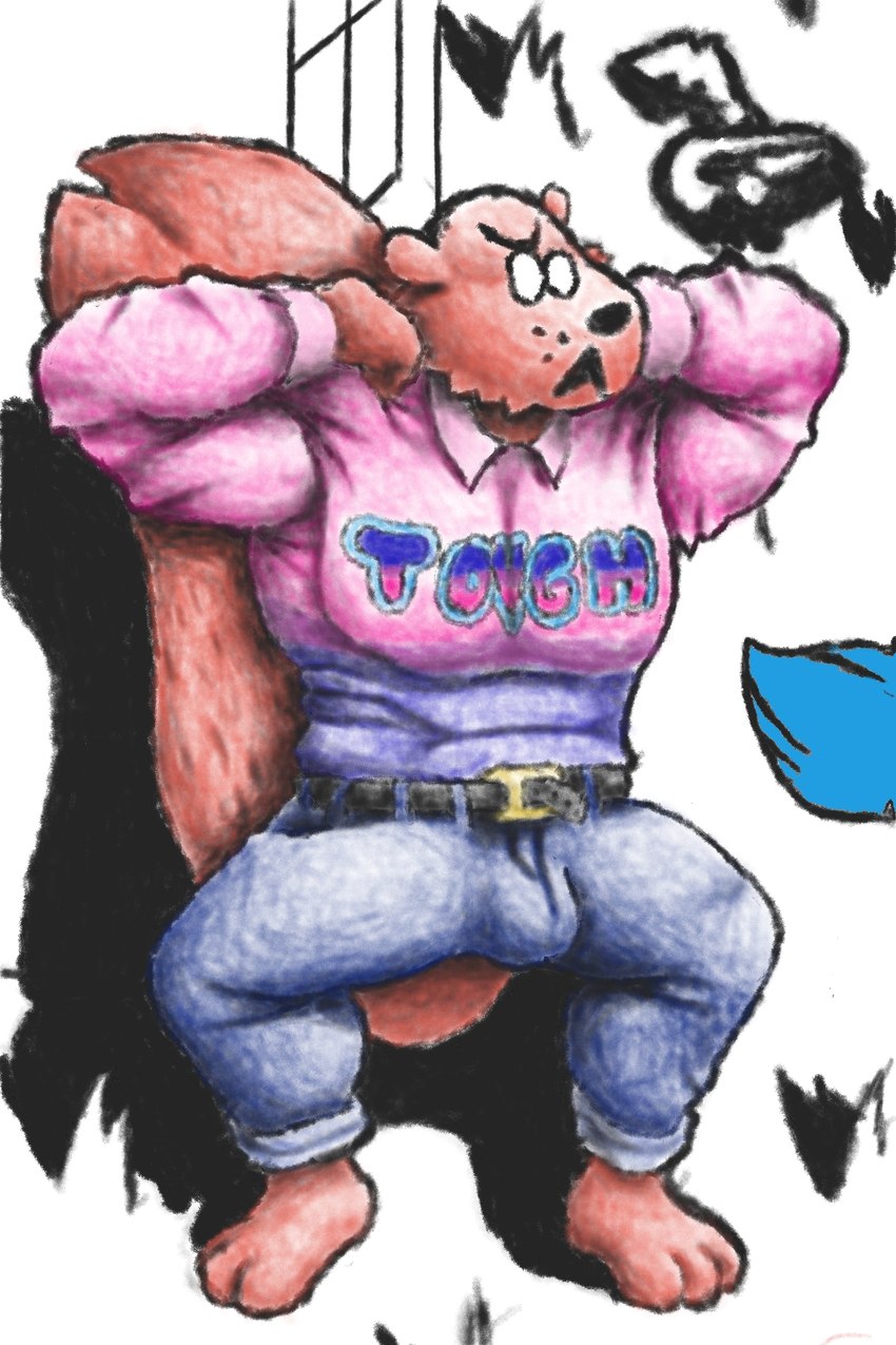 anthro biped bisexual_pride_colors bulge cookie flexing flexing_bicep food lgbt_pride macaroon male male_anthro muscular muscular_anthro muscular_male plantigrade pride_colors solo marthan_crowl_(artist) chicory_a_colorful_tale macaroon_(chicory) mammal rodent sciurid tree_squirrel hi_res