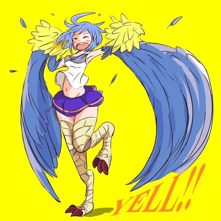 ahoge blue_body blue_bottomwear blue_clothing blue_feathers blue_hair blue_skirt bottomwear breasts cheerleader cleavage clothed clothing crotch_lines exclamation_point eyes_closed feathered_wings feathers feet female hair midriff monster_girl_(genre) natural_thigh_highs navel on_one_leg open_mouth pattern_bottomwear pattern_clothing pattern_shirt pattern_skirt pattern_tank_top pattern_topwear pom_poms raised_leg scuted_legs scutes shirt simple_background skirt solo standing striped_bottomwear striped_clothing striped_shirt striped_skirt striped_tank_top striped_topwear stripes talons tank_top teeth text toes topwear wings yellow_background yellow_pom_poms hinekure7 european_mythology greek_mythology monster_musume mythology papi_(monster_musume) avian harpy humanoid mythological_avian mythological_creature 1:1 2019 english_text hi_res