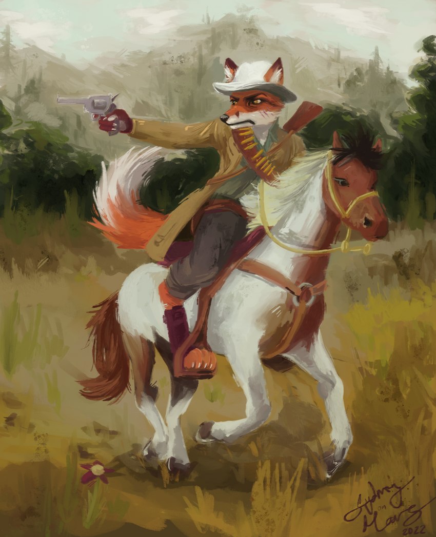 anthro bridle clothed clothing coat cowboy cowboy_hat day detailed_background digitigrade duo feral footwear forest forest_background fully_clothed furgonomic_footwear furgonomics grass gun hat headgear headwear horseback_riding male nature nature_background painterly plant pointing_gun ranged_weapon reins riding saddle serious_face topwear tree weapon western sydney_onmars red_dead_(series) rockstar_games canid canine equid equine fox horse mammal red_fox true_fox absurd_res hi_res