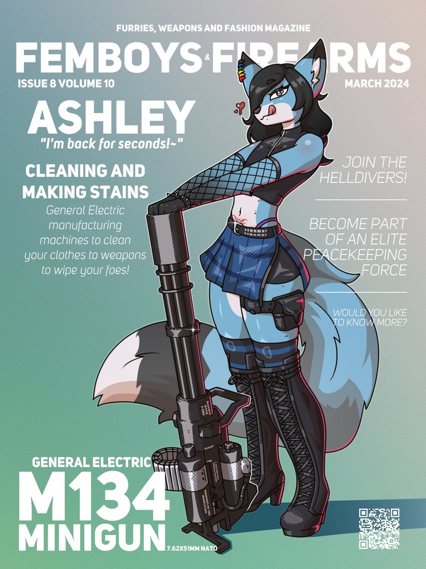 anthro armwear boots bottomwear clothing crop_top ear_piercing femboy fictional_magazine_cover fishnet_armwear fishnet_clothing footwear furgonomics gatling_gun gun hair hair_over_eye heart_symbol high_boots high_heeled_boots high_heels legwear machine_gun male minigun one_eye_obstructed pattern_bottomwear pattern_clothing pattern_legwear pattern_skirt piercing plaid plaid_bottomwear plaid_clothing plaid_skirt rainbow_piercings ranged_weapon shirt shoes sideless_skirt skirt solo striped_clothing striped_legwear stripes tattoo thick_thighs thigh_highs thigh_pouch tongue tongue_out topwear weapon wide_hips womb_tattoo marcus_gray helldivers ashley_(ashleyboi) canid canine fox mammal 3:4 cover hi_res magazine_cover