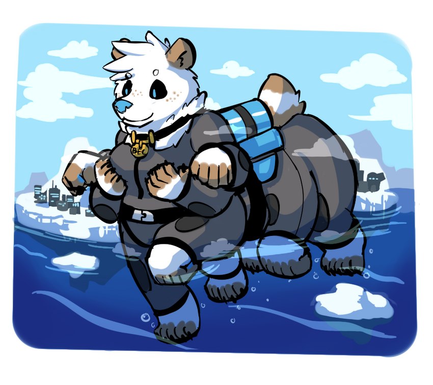 backpack clothing collar detailed_background female humor ice jumpsuit multi_arm multi_leg multi_limb outside pun solo visual_pun water baronflint becquerel_(timidauxiliator) bear mammal polar_bear taur ursine