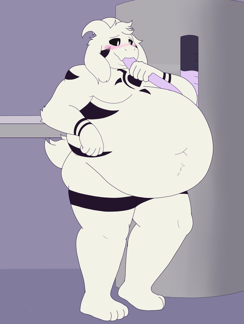 belly big_belly blush drinking feeding_tube fur inflation male medical_instrument obese overweight overweight_male scientific_instrument solo tube_in_mouth weight_gain white_belly white_body white_fur ghostshiny undertale undertale_(series) asriel_dreemurr_(god_form) boss_monster_(undertale) bovid mammal absurd_res hi_res