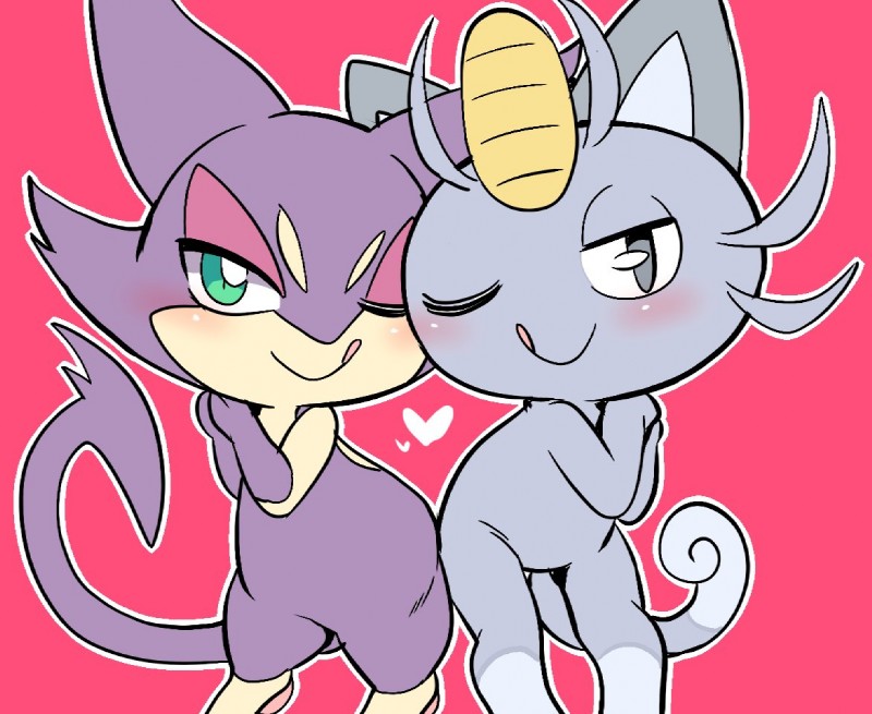 ambiguous_gender blush duo feral fur green_eyes grey_body grey_eyes grey_fur heart_symbol hip_to_hip licking licking_lips looking_at_viewer no_shading one_eye_closed pink_background purple_body purple_fur self_lick simple_background smile tongue tongue_out wink wakasumire nintendo pokemon alolan_form alolan_meowth felid generation_5_pokemon generation_7_pokemon mammal pokemon_(species) purrloin regional_form_(pokemon) unavailable_at_source