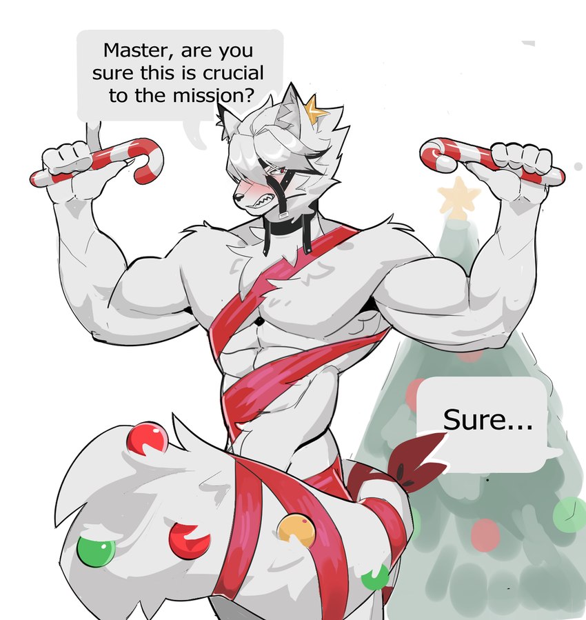 5_fingers abs anthro biceps biped blush candy candy_cane christmas_tree dessert dialogue fingers food fur holding_candy holding_candy_cane holding_food holding_object holidays inner_ear_fluff male muscular muscular_anthro muscular_male pecs plant solo speech_bubble tail text tree tuft white_body white_fur hdcatmeow christmas mihoyo zenless_zone_zero von_lycaon canid canine canis mammal wolf english_text hi_res