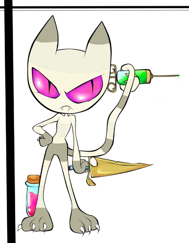 angry anthro biped claws fangs female hand_on_hip knife looking_at_viewer pink_eyes solo standing syringe teeth vial artemis-phoenix adventure_time cartoon_network me-mow felid mammal