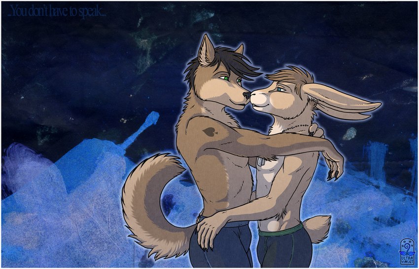 anthro blue_background blue_eyes blue_outline brown_body brown_fur brown_hair claws clothing dog_tags duo eye_contact facial_tuft finger_claws fluffy fluffy_tail fur green_eyes hair half-closed_eyes long_ears looking_at_another male male/male narrowed_eyes outline scut_tail shirtless short_tail side_view simple_background smile standing tail tan_body tan_fur text tuft underwear ultraviolet canid canine lagomorph leporid mammal rabbit artist_name english_text