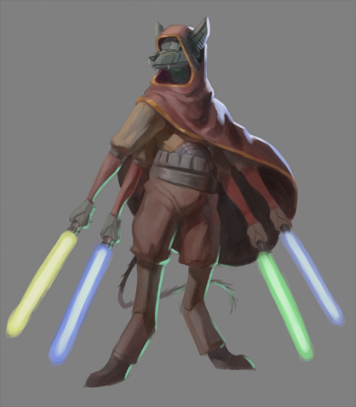 anthro blue_lightsaber cloak clothing cybernetics green_lightsaber grey_background hood hood_up jedi lightsaber machine male melee_weapon multi_arm multi_limb multi_wielding simple_background solo weapon yellow_lightsaber stealthnachos star_wars orion_(nickatorimi) canid canine canis cyborg domestic_dog mammal robot