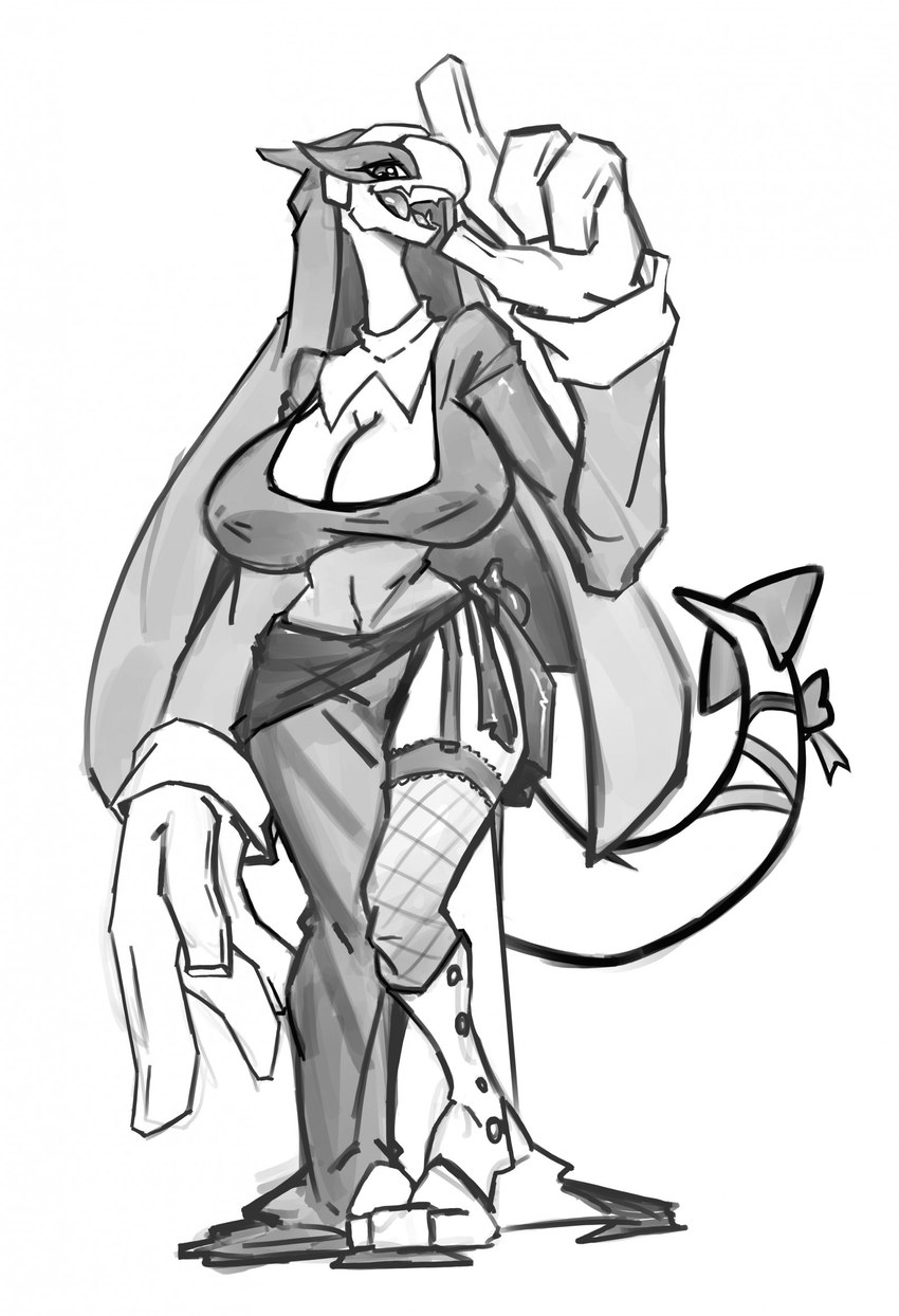 anthro big_breasts big_hands bow_ribbon breasts clothed clothing cosplay female fishnet_clothing fishnet_leggings fishnet_legwear garter_straps leggings legwear nun nun_habit nun_outfit religious_clothing ribbons robe smile smooth_skin solo spiked_tail spikes spikes_(anatomy) tail tongue white_body snoutless nintendo pokemon fan_character loogs generation_2_pokemon legendary_pokemon lugia pokemon_(species) 2023 digital_drawing_(artwork) digital_media_(artwork) hi_res monochrome sketch