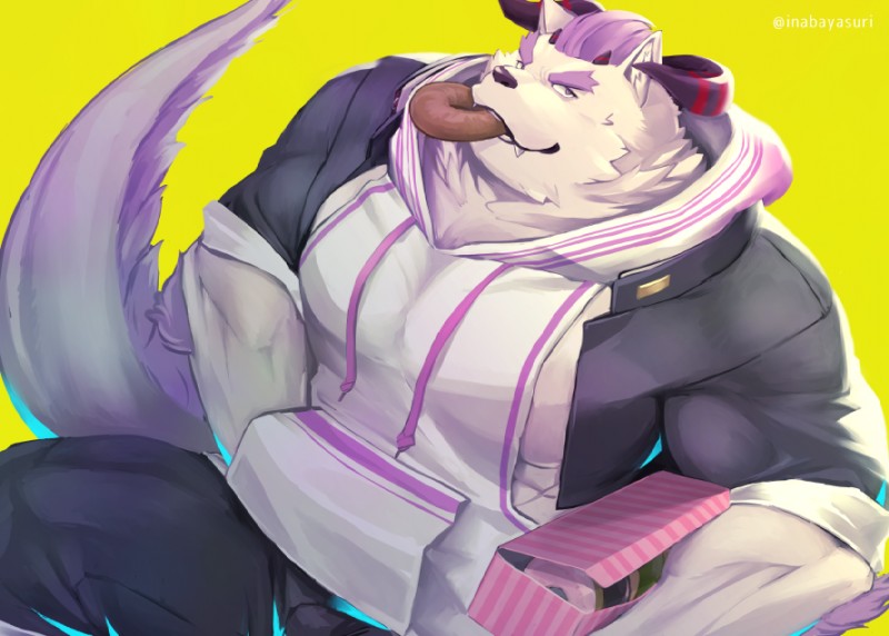 anthro bottomwear clothed clothing dessert doughnut food fur hair horn male muscular muscular_male pastry pecs purple_eyes purple_hair topwear white_body white_fur inabayasuri lifewonders tokyo_afterschool_summoners behemoth_(tas) monster 2019