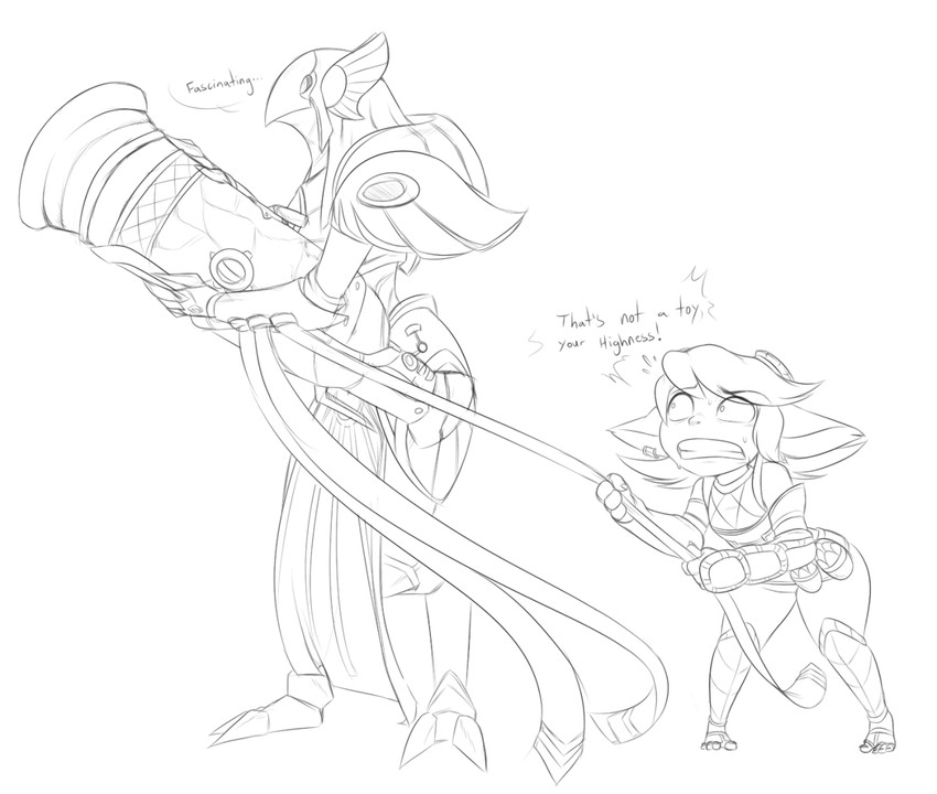 anthro duo female gun humor male ranged_weapon weapon bandlebro league_of_legends riot_games tencent azir_(lol) tristana_(lol) animal_humanoid avian avian_humanoid humanoid yordle monochrome