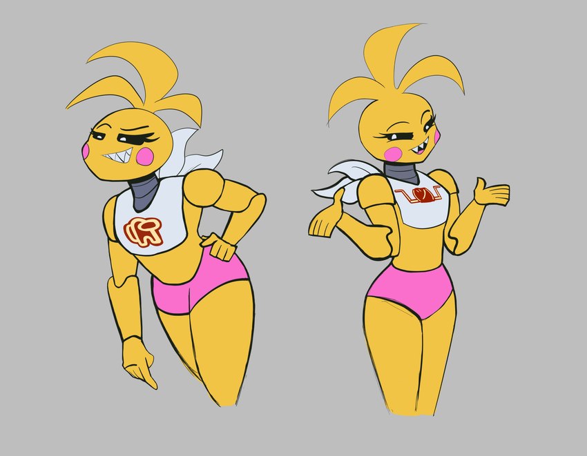 5_fingers amogus anthro bib bikini bikini_bottom black_sclera bottomwear clothing female fingers gesture grey_background grin hotpants jagged_teeth looking_at_another machine multiple_poses pose shorts shrug simple_background smile solo swimwear two-piece_swimsuit yellow_body e4hargus rakoongrey five_nights_at_freddy's five_nights_at_freddy's_2 scottgames toy_chica_(fnaf) animatronic avian bird chicken galliform gallus_(genus) phasianid robot 2024 absurd_res digital_media_(artwork) hi_res