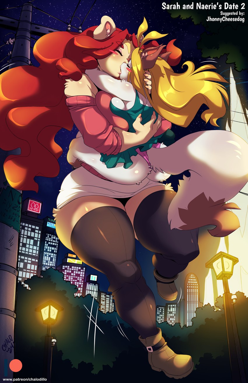 anthro anthro_on_anthro big_breasts blonde_hair blush boots bottomwear breasts brown_body brown_fur brown_tail butt clothed clothing curvy_figure duo eyebrows eyes_closed female female/female footwear fur hair huge_breasts interspecies kissing legwear long_hair motion_lines multicolored_body multicolored_fur night orange_hair outside panties shoes skirt stockings sweater tail tan_body tan_fur text thick_thighs thigh_highs topwear two_tone_body two_tone_fur two_tone_tail underwear voluptuous white_body white_fur white_tail wide_hips chalo las_lindas patreon naerie sarah_silkie bear domestic_cat felid feline felis mammal absurd_res hi_res url