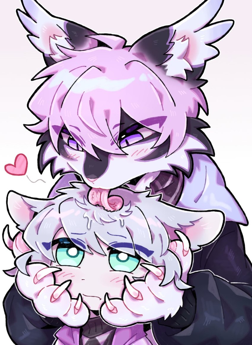 anthro barbed_tongue blue_hair clothed clothing duo female hair heart_symbol kemono licking_hair pink_hair simple_background teal_eyes tongue white_background zhang_gun ah_xin_(zhang_gun) xiaohen_(zhang_gun) felid mammal pantherine snow_leopard 2023 hi_res