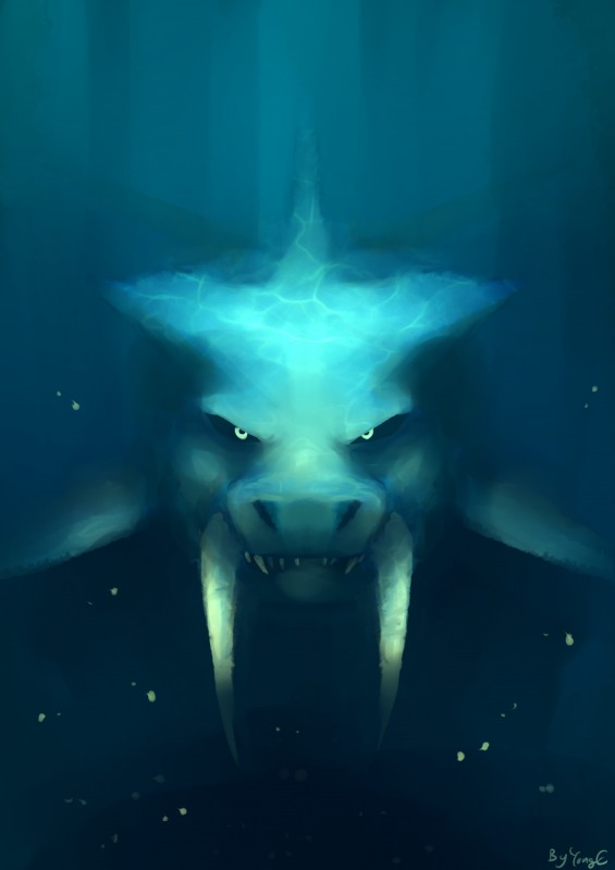 ambiguous_gender black_sclera front_view looking_at_viewer sharp_teeth solo teeth underwater water white_eyes color_fox terraria duke_fishron marine species_request absurd_res hi_res