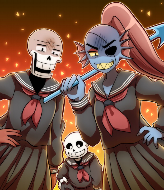 angry anthro blue_body blue_skin bone clothed clothing crossdressing eye_patch eyewear female group hair japanese_uniform looking_at_viewer male ponytail red_hair sharp_teeth skeleton smile teeth uniform unimpressed mix_2180 undertale undertale_(series) papyrus_(undertale) sans_(undertale) undyne animated_skeleton fish marine undead hi_res