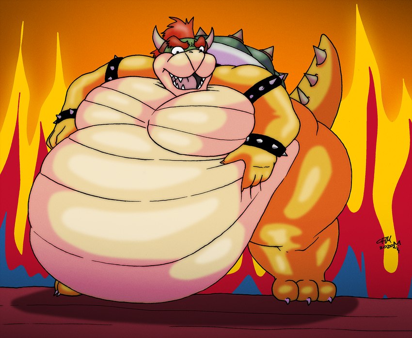 2_horns 3_toes 4_fingers anthro armband belly big_belly big_butt bracelet butt collar feet fingers fire fire_background hair hand_on_belly horn huge_belly hyper hyper_belly jewelry male moobs morbidly_obese morbidly_obese_anthro morbidly_obese_male obese obese_anthro obese_male open_mouth overweight overweight_anthro overweight_male pink_tongue red_hair shadow sharp_teeth solo spiked_armband spiked_bracelet spiked_collar spiked_tail spikes spikes_(anatomy) standing tail teeth thick_thighs toes tongue cleverfoxman mario_bros nintendo bowser koopa scalie 2020 hi_res