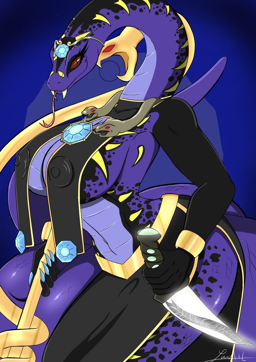 anthro apode armwear big_breasts bracelet breasts clothing crossgender dagger fangs female forehead_gem forked_tongue gem gemstones gold_(metal) jewelry legless looking_at_viewer markings melee_weapon nipple_outline purple_body red_eyes serpentine side_boob smile snake_eyes solo staff tail teeth tongue tongue_out weapon wide_hips yellow_markings luxartking lego ninjago pythor_(ninjago) anacondrai draconcopode naga reptile scalie serpentine_(ninjago) snake hi_res