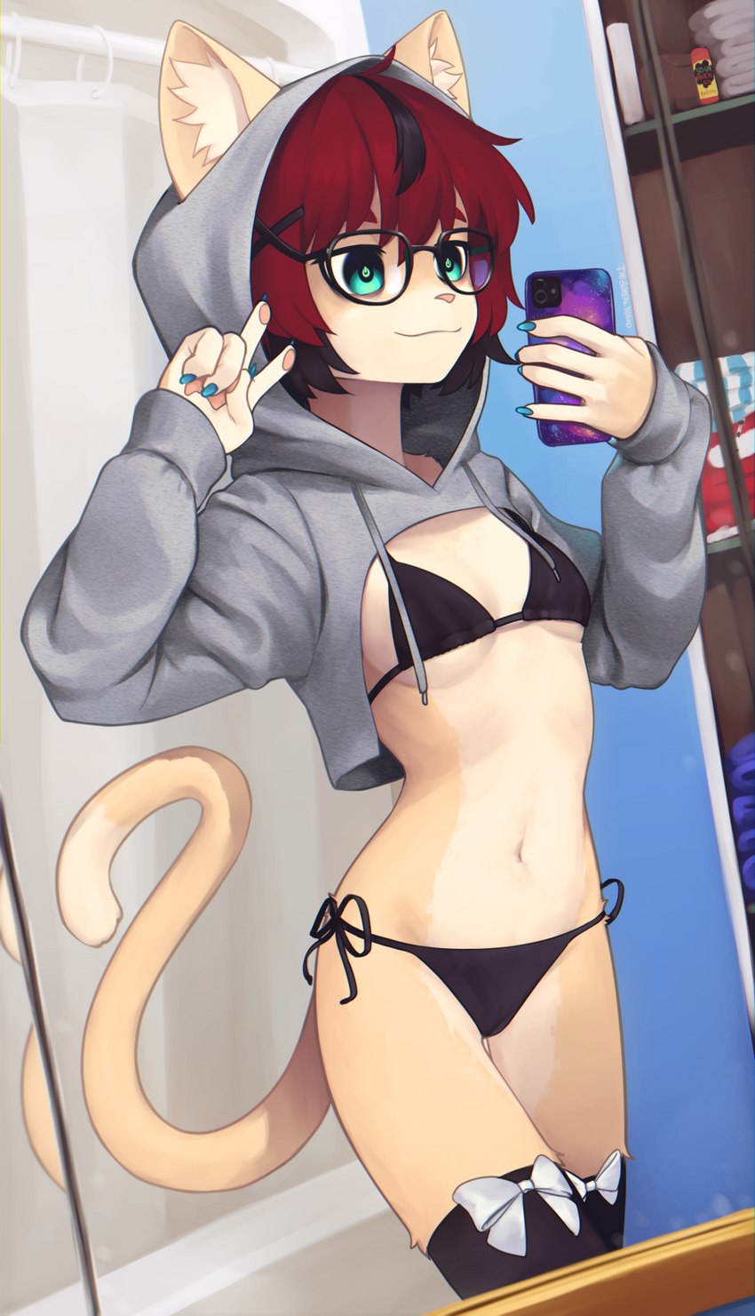 5_fingers anthro bikini black_bikini black_clothing black_hair black_swimwear breasts camel_toe claws clothed clothing cutout_hoodie dipstick_tail electronics eyewear female female_anthro finger_claws fingers fur furgonomics gesture glasses green_eyes hair hand_gesture holding_object holding_phone hoodie inner_ear_fluff kemono legwear markings mirror multicolored_body multicolored_fur multicolored_hair navel pawpads phone pink_nose power_symbol pupils red_hair selfie short_hair side-tie_bikini side-tie_clothing side-tie_swimwear small_breasts solo string_bikini swimwear symbol-shaped_pupils tail tail_markings tan_body tan_fur thigh_highs topwear triangle_bikini tuft twitter_hoodie twitter_logo two-piece_swimsuit two_tone_body two_tone_fur two_tone_hair unusual_pupils v_sign wearing_glasses white_body white_fur yoako meme_clothing sour_patch_kids twitter aeiou_(yoako) domestic_cat felid feline felis mammal 2022 digital_media_(artwork) hi_res meme portrait three-quarter_portrait