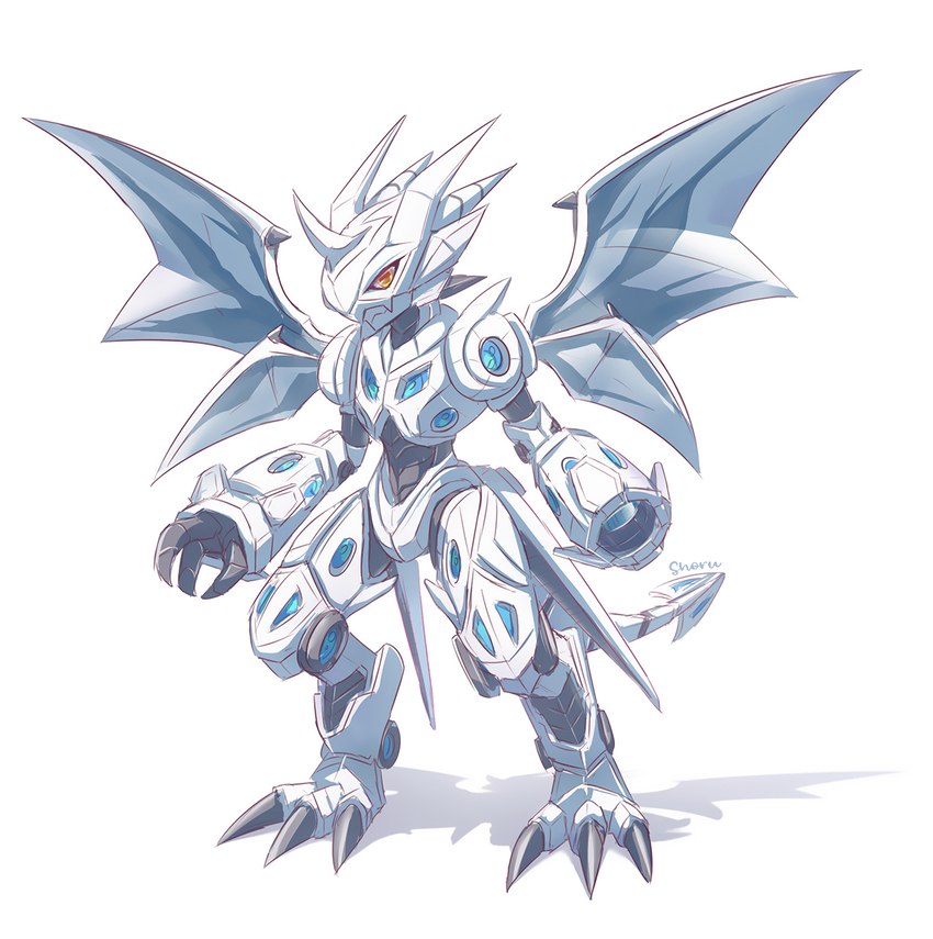 anthro arm_cannon blue_body claws clothed clothing fingers grey_claws multicolored_body shadow solo tail white_tail white_wings wings shoru bandai_namco digimon digimon_(species) 2023 full-length_portrait hi_res portrait