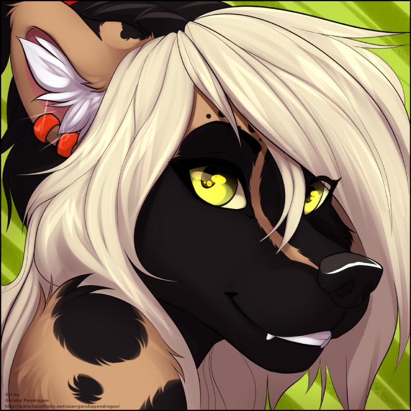 anthro ear_piercing female grin hair happy long_hair piercing smile solo teeth yellow_eyes gorsha_pendragon shiretsuna_(character) african_wild_dog canid canine mammal 1:1 detailed digital_media_(artwork) hi_res icon portrait