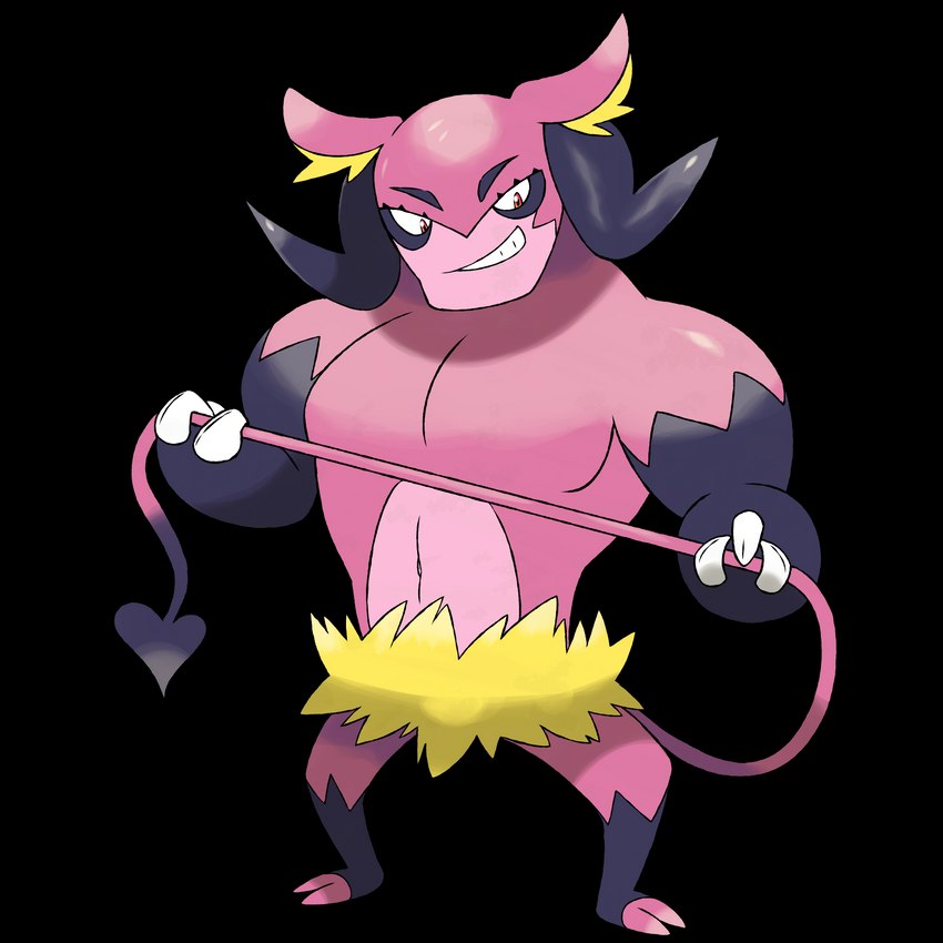 2_toes 3_fingers ambiguous_gender belly biped black_body black_markings claws feet fingers front_view fur grin holding_own_tail long_tail manly markings muscular navel pecs pink_body red_eyes sexual_dimorphism simple_background smile solo spade_tail tail teeth toes transparent_background yellow_body yellow_fur foongoos fakemon lockemon nintendo pokemon demon humanoid pokemon_(species) succubus xxubis 1:1 2022 absurd_res alpha_channel digital_media_(artwork) hi_res