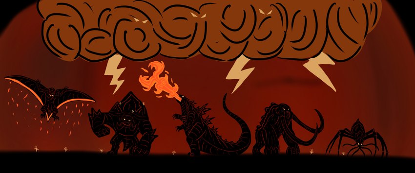 ambiguous_gender back_spikes breath_powers cloud different_artstyle electricity elemental_manipulation feral fire fire_breathing fire_manipulation flaming_wings flying glowing glowing_eyes group horn lightning male plant pottery spikes spikes_(anatomy) tail tree tusks unusual_anatomy unusual_wings wings toonholt disney disney's_hercules godzilla_(series) monsterverse mythology toho zeuszilla behemoth_(monsterverse) godzilla king_ghidorah methuselah_(monsterverse) rodan_(toho) scylla_(monsterverse) alien arthropod dragon kaiju mammal mythological_creature mythological_scalie prehistoric_species pteranodon pteranodontid pterosaur reptile scalie absurd_res crossover hi_res meme