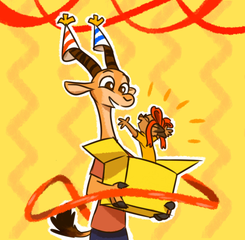 anthro box brown_body brown_eyes brown_fur cardboard cardboard_box clothing container duo fur hat headgear headwear holding_object horn light open_mouth open_smile party_hat simple_background smile standing yellow_background theblueberrycarrots chico_(fuel) ty_(appleseed) antelope banded_linsang bovid gazelle linsang mammal viverrid 2020 digital_media_(artwork) lighting shaded