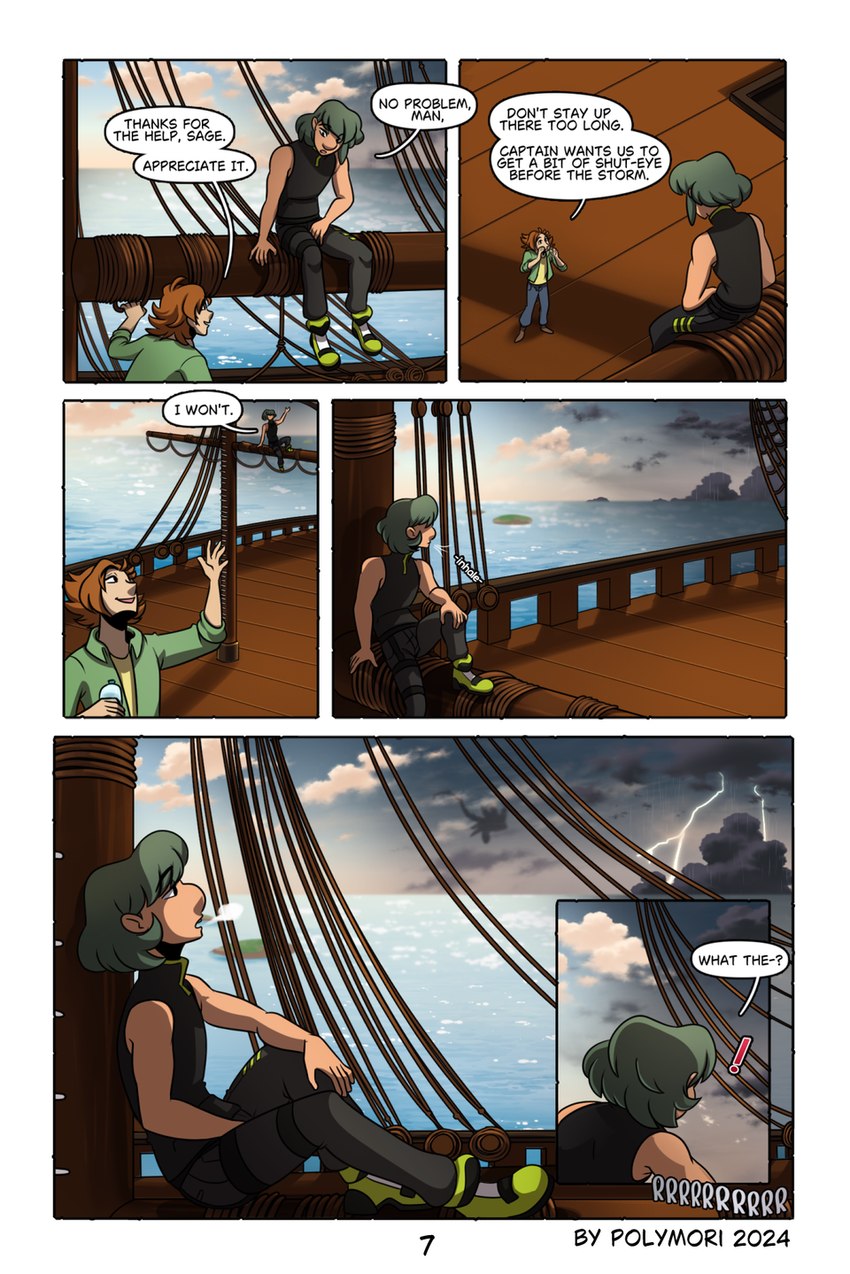 dialogue green_hair hair male not_furry raining rope ship storm vehicle watercraft polymori palworld pocketpair sage_(heartsong) human mammal comic hi_res trans_(lore) trans_man_(lore)