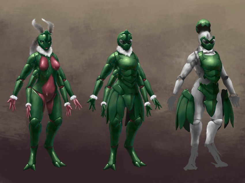 4_arms antennae_(anatomy) anthro arm_tuft armor armor_plates breasts exoskeleton featureless_breasts featureless_crotch female fur green_body green_eyes headgear helmet horn lips looking_at_viewer mandibles multi_arm multi_limb natural_armor neck_tuft non-mammal_breasts organic_armor pink_body pink_lips pink_skin solo standing tuft white_body white_fur wrist_tuft malvear pinwheel_(snekguy) snekguy alien arthropod insect jarilan absurd_res concept_art hi_res model_sheet multiple_images official_art