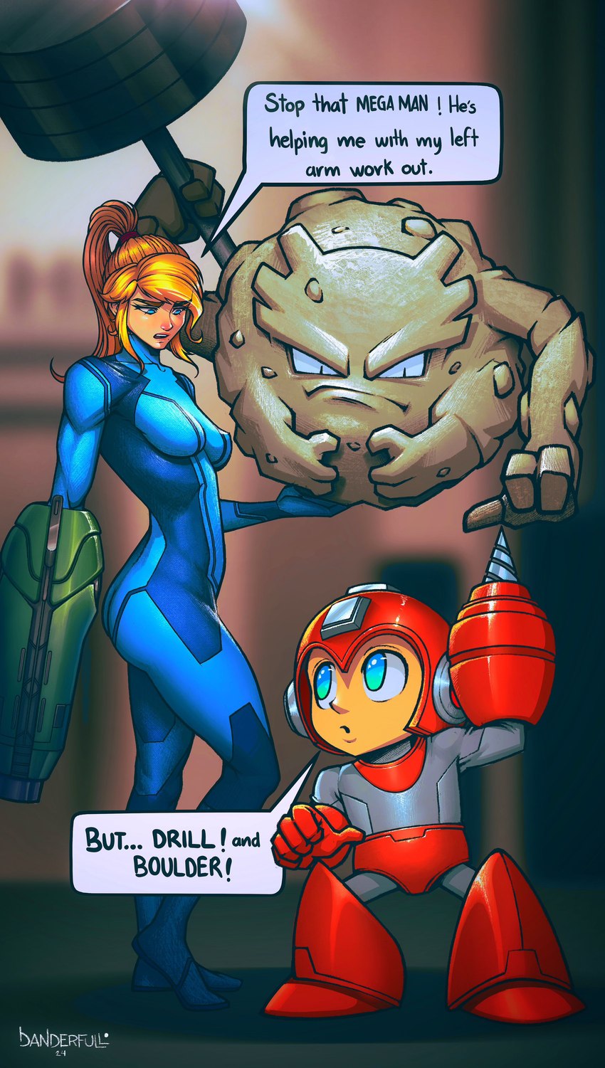 arm_cannon blonde_hair breasts clothing dialogue drill dumbbell eye_contact female group hair light_body light_skin long_hair looking_at_another machine male not_furry ponytail speech_bubble text trio weights zero_suit danderfull capcom mega_man_(series) metroid nintendo pokemon mega_man_(character) samus_aran generation_1_pokemon graveler human humanoid mammal pokemon_(species) robot robot_humanoid 2024 absurd_res crossover english_text hi_res signature