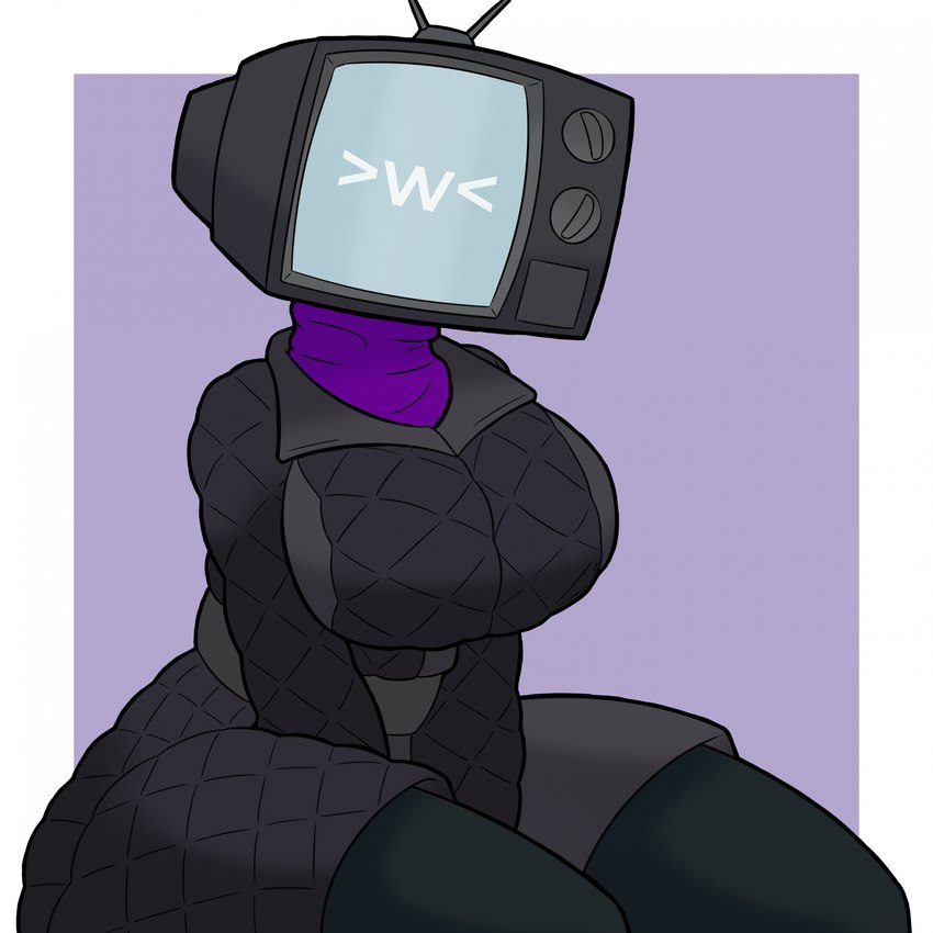 >w< black_bottomwear black_clothing black_coat black_pants black_topwear border bottomwear breasts clothed clothed_female clothed_humanoid clothing coat crt curvy_female curvy_figure electronics female for_a_head hands_between_legs machine pants purple_background purple_clothing purple_sweater purple_topwear screen screen_face simple_background sitting solo sweater television thick_thighs topwear white_border bodohcibai tv_woman humanoid object_head robot robot_humanoid screen_head tv_head 1:1 2023 colored digital_drawing_(artwork) digital_media_(artwork) hi_res portrait shaded three-quarter_portrait