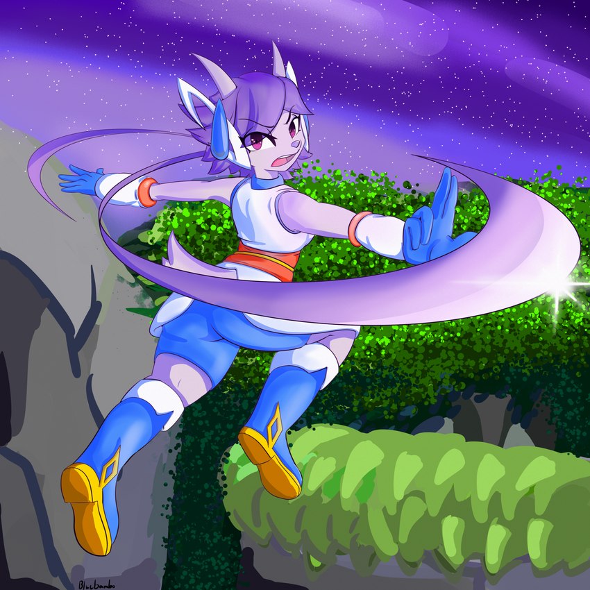 action_pose angry anthro blue_boots blue_clothing blue_footwear boots butt clothing detailed_background earpiece female footwear gloves hair handwear jumping long_hair night pink_eyes plant pose purple_body purple_skin rock shoes shrub solo tree bluebambo freedom_planet galaxytrail mythology sash_lilac aquatic_dragon dragon marine mythological_creature mythological_scalie scalie 1:1 hi_res