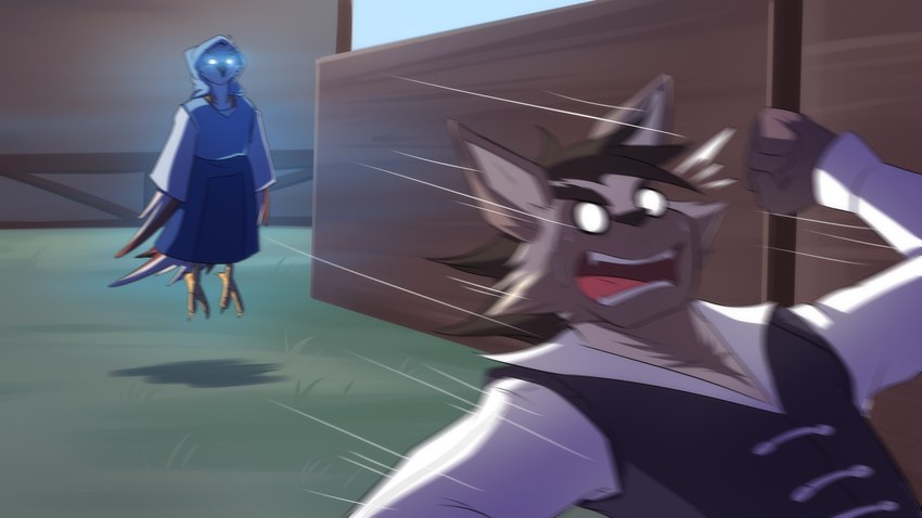 anthro female glowing glowing_eyes humor magic magic_user male motion_lines running scared solo visual_novel_interface shirokoi temptations_ballad_(visual_novel) calder_(temptations_ballad) ilia_(temptations_ballad) avian bird hyena mammal shrike striped_hyena 16:9 hi_res widescreen